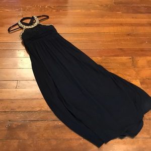 Black formal gown with beaded straps